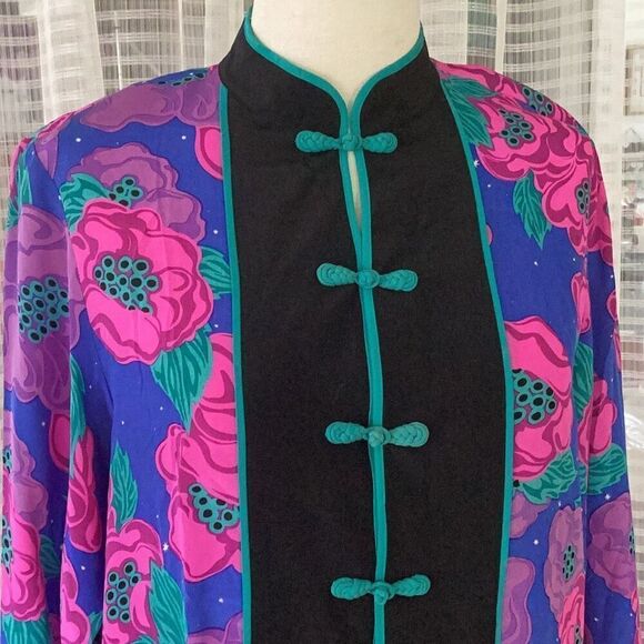 Bob Mackie Wearable Art 100% Silk Asian Floral Tunic Top Blouse Women’s Medium - Picture 4 of 7